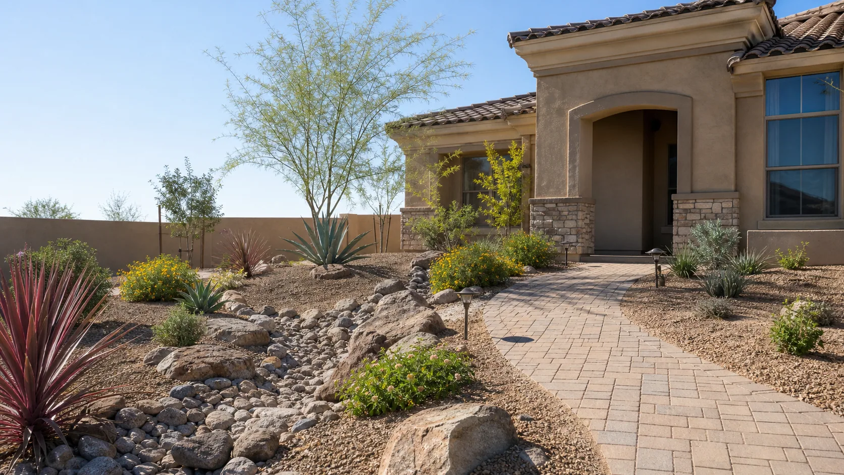 Desert-smart Gilbert front yard with natural rock, paver walkway and drought-tolerant plants
