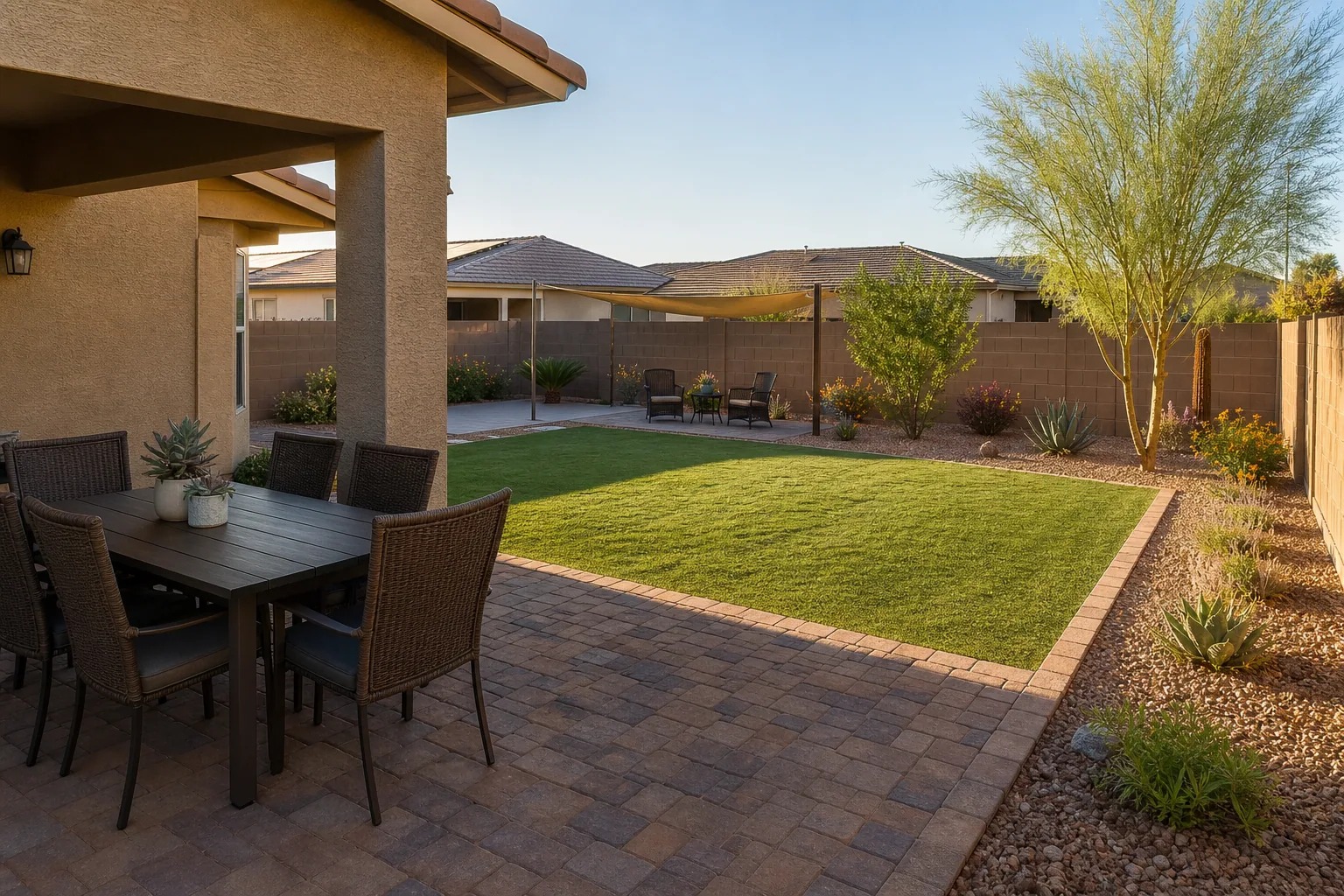 Family-friendly Gilbert backyard with pavers, turf and desert planting