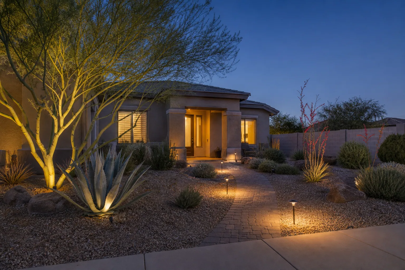Low-voltage landscape lighting on a desert front yard at blue hour