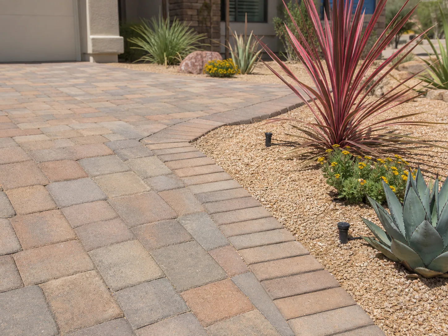 Paver walkway detail with desert plants and drip irrigation