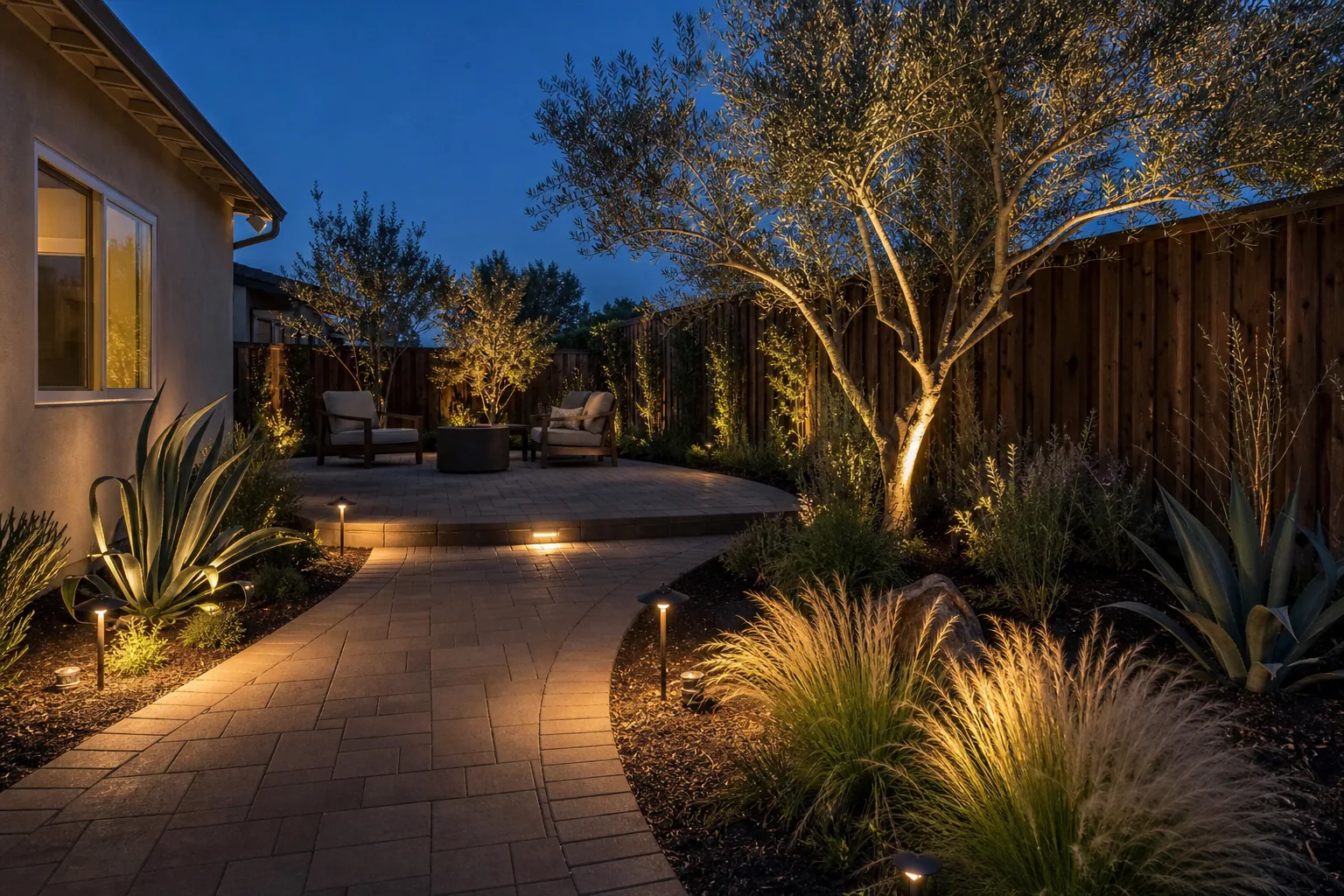 Warm low-voltage path and tree lighting in a Gilbert desert front yard at dusk