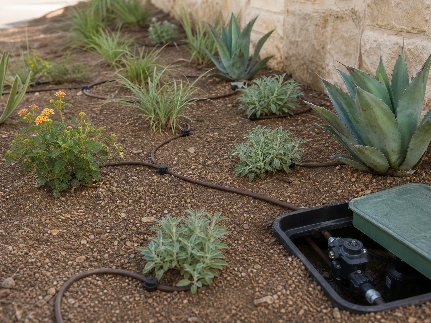 Low-water planting bed with visible drip tubing, emitters and irrigation valve box