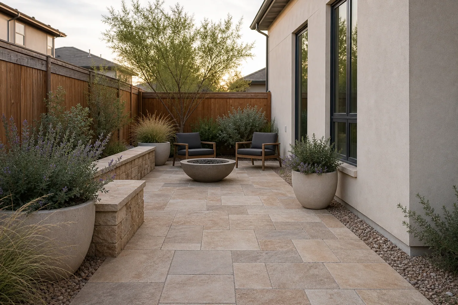 Southwest residential courtyard with limestone-look pavers and native planting