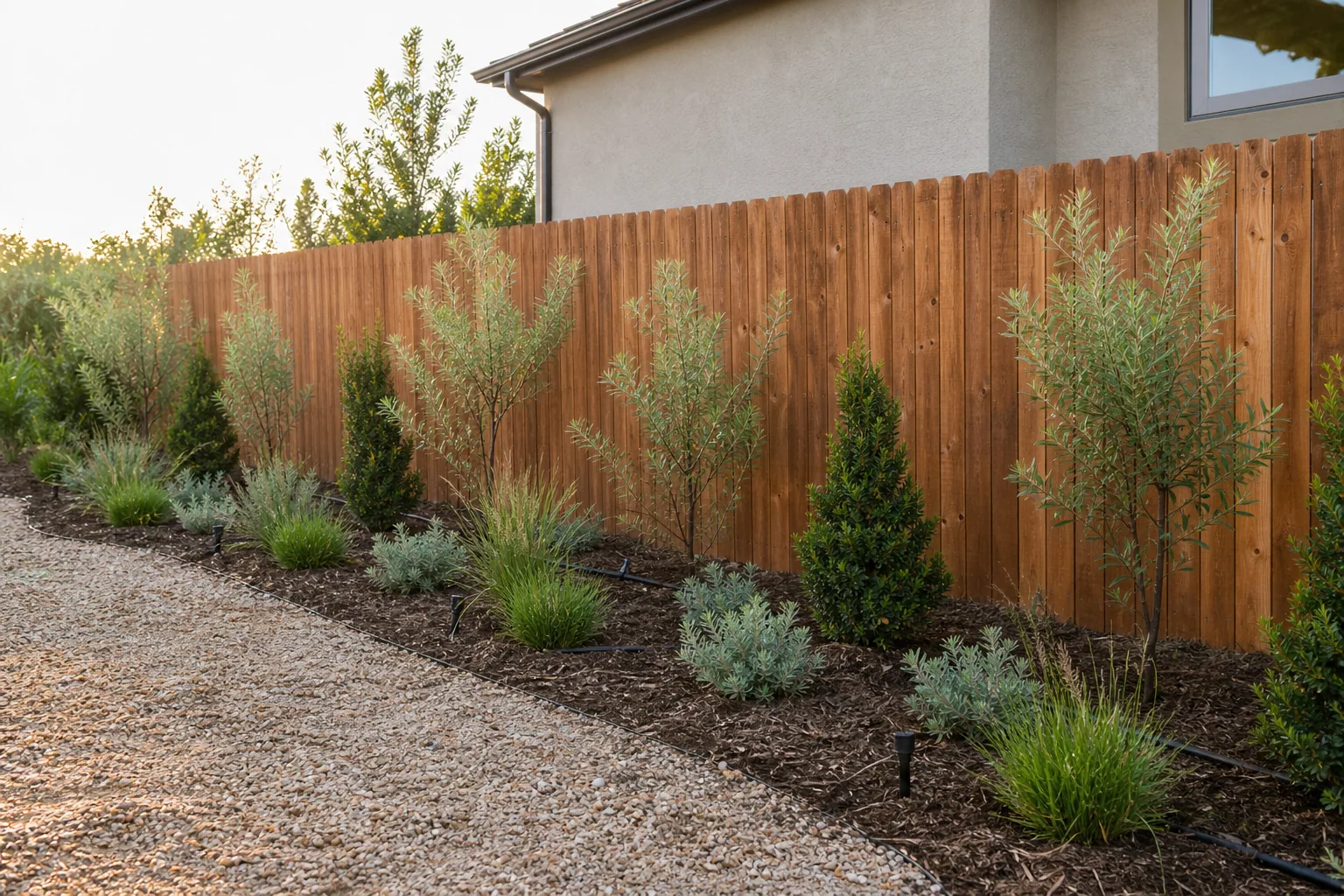 New warm-climate privacy planting border with young trees, shrubs and drip irrigation