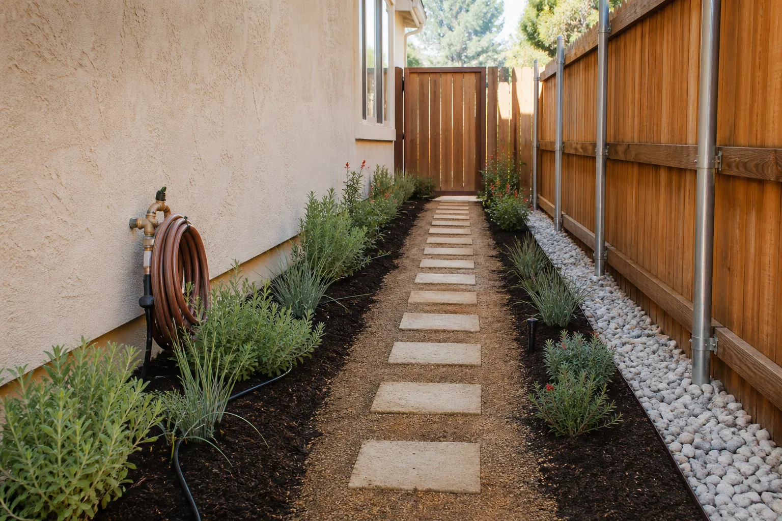 Freshly cleaned desert landscape with defined rock beds and trimmed plants in Gilbert