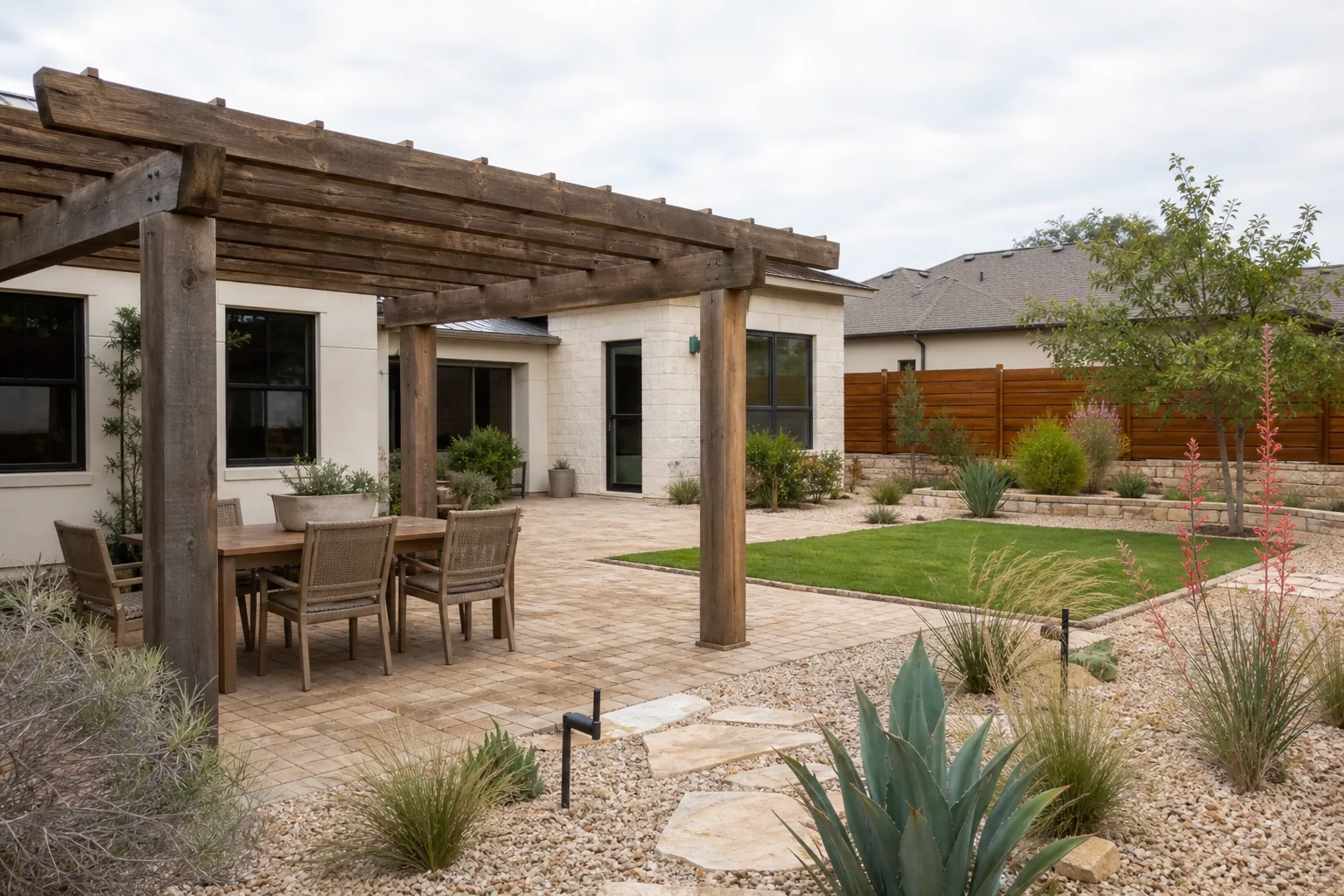 Southwest backyard with cedar pergola, pavers, turf and water-wise planting