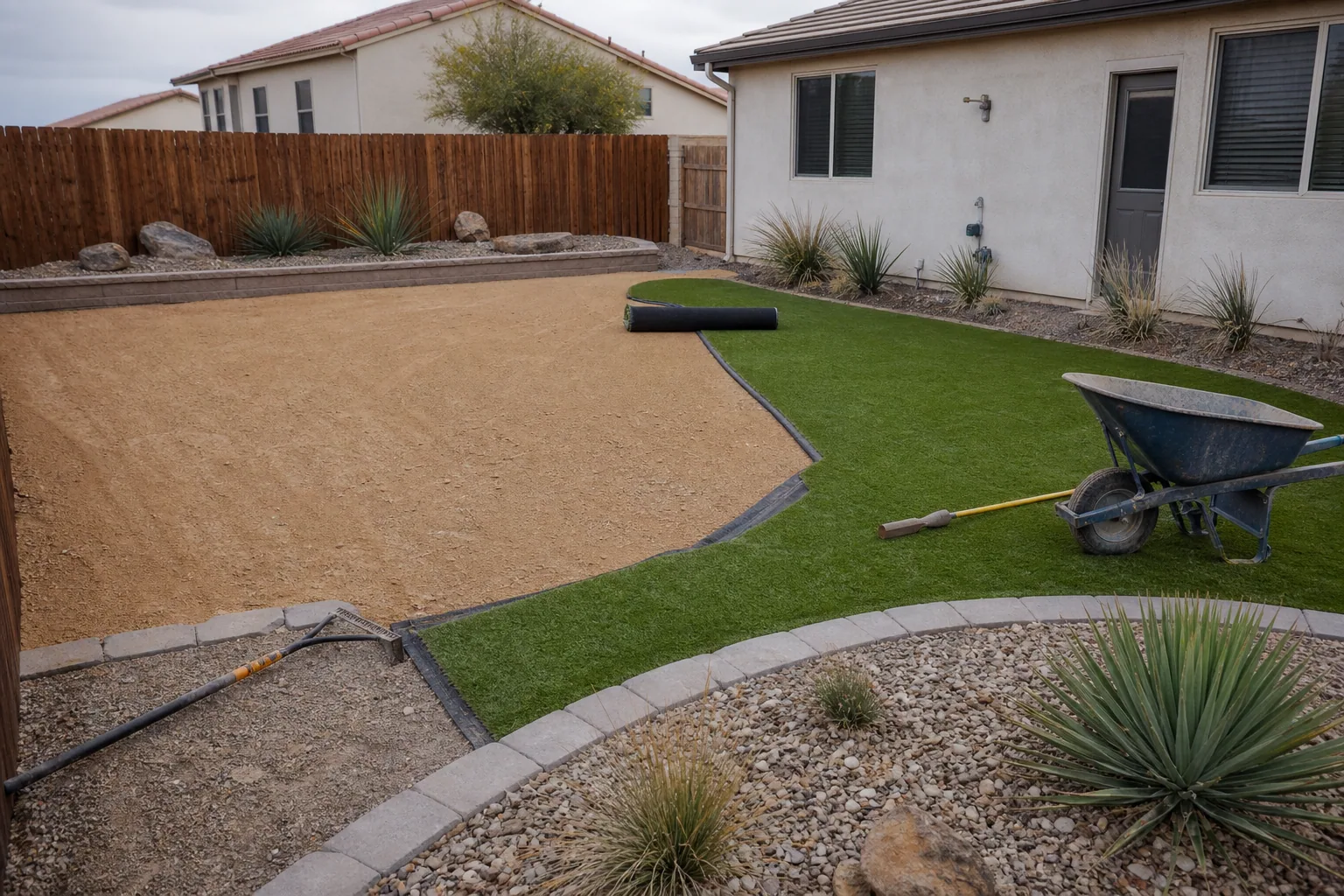 Artificial turf installation showing compacted base, rolled turf and paver edging